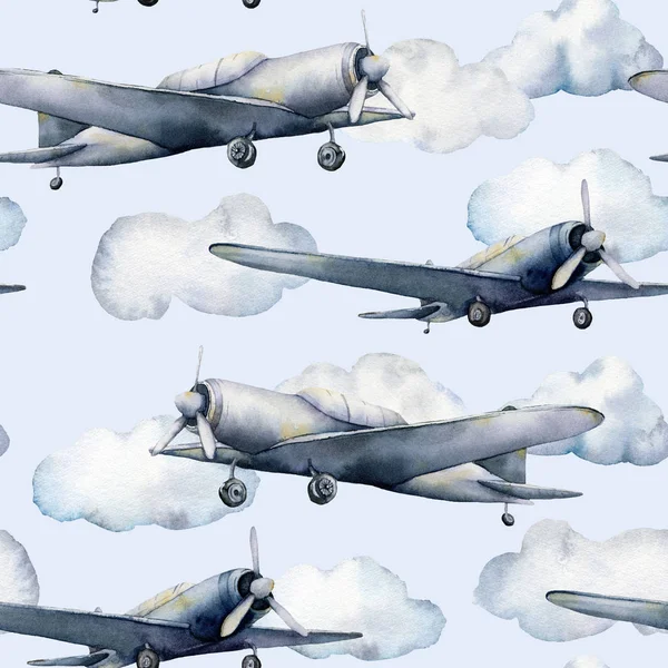 Patrón sin costura de acuarela con avión y nubes. Ilustración de cielo pintado a mano con plano de hélice aislado sobre fondo azul pastel. Para diseño, estampados, tela o fondo . — Foto de Stock