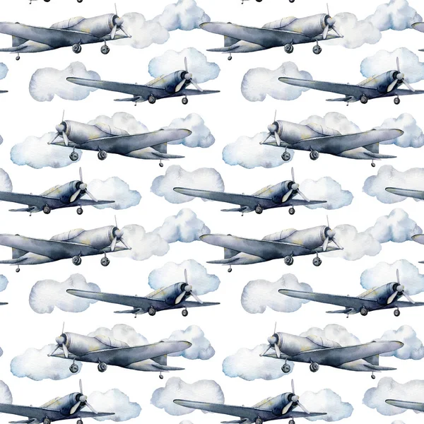 Patrón sin costura de acuarela con nubes y avión. Ilustración de cielo pintado a mano con plano de hélice aislado sobre fondo blanco. Para diseño, estampados, tela o fondo . —  Fotos de Stock
