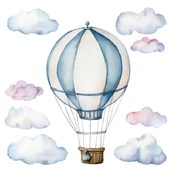 Watercolor set with hot air balloon and clouds. Hand painted sky illustration with aerostate isolated on white background. For design, prints, fabric or background.