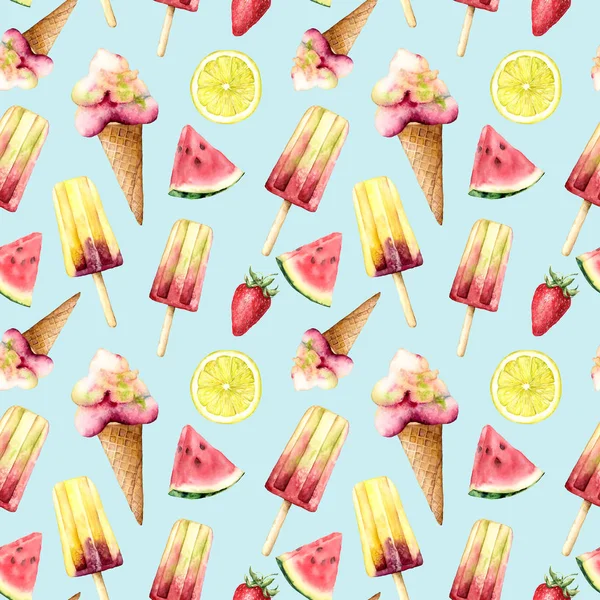 Akvarell sömlösa mönster med frukt och glass. Handmålad illustration vattenmelon, citron och jordgubb isolerad på blå bakgrund. Mat illustration för design, tryck, tyg, bakgrund. — Stockfoto