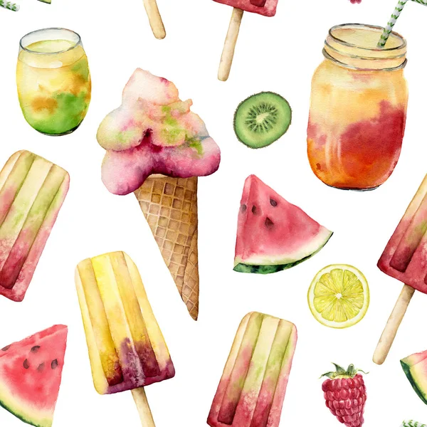 Akvarell sömlöst mönster med glass och cocktail. Handmålad illustration vattenmelon, citron, kiwi och jordgubb isolerad på vit bakgrund. Mat illustration för design, tryck, tyg. — Stockfoto