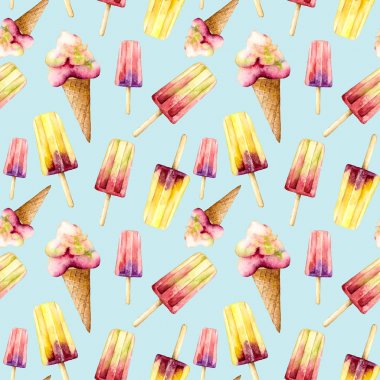 Dondurma ile suluboya dikişsiz desen. El boyalı illüstrasyon meyve buz ve mavi arka plan üzerinde izole waffle konisi ile buzlu dondurma. Tasarım, baskı, kumaş, arka plan için gıda illüstrasyon.
