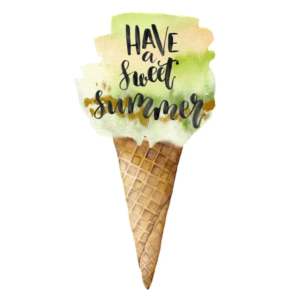 수채화 아이스크림달콤한 여름 카드를 가지고있다. 흰색 배경에 고립 된 와플 콘손으로 그린 일러스트 아이스캔디. 디자인, 인쇄, 직물 또는 배경을 위한 식품 일러스트레이션. — 스톡 사진