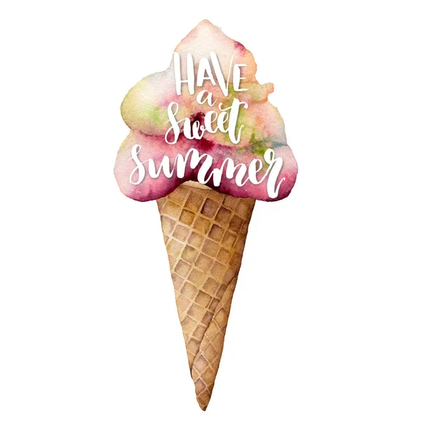 Aquarela Tenha um doce cartão de verão com sorvete de morango. Pintado à mão ilustração picolé e waffle cone isolado sobre fundo branco. Ilustração de alimentos para design, impressão, tecido, fundo . — Fotografia de Stock