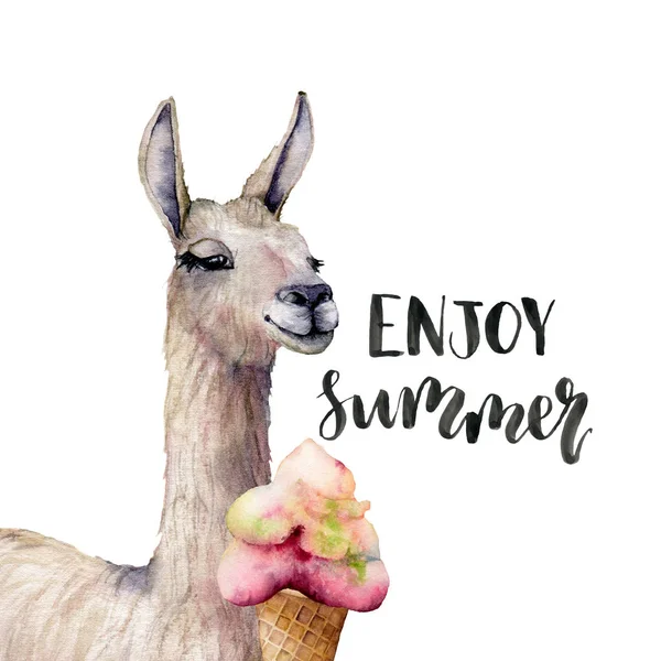 Watercolor Enjoy summer card with lama. Hand painted beautiful illustration with llama animal, ice cream and lettering isolated on white background. For design, print, fabric or background.