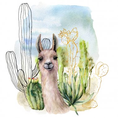 Watercolor and sketch desert landscapes card with lama. Hand painted golden and black mexican cactus, sky and clouds. Botanical illustration isolated on white background for design, print, fabric.
