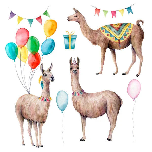 Conjunto de lama de festa aquarela. Ilustração desenhada à mão com balões de ar, caixa de presente e bandeiras guirlandas isoladas em fundo branco. Para férias, aniversário, design, impressão, tecido ou fundo . — Fotografia de Stock