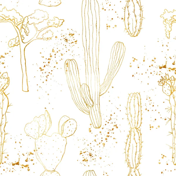 Croquis doré motif sans couture avec des cactus mexicains et arbre. Cactus floral du désert peint à la main. Illustration botanique isolée sur fond blanc pour la conception, l'impression, le tissu ou le fond . — Photo