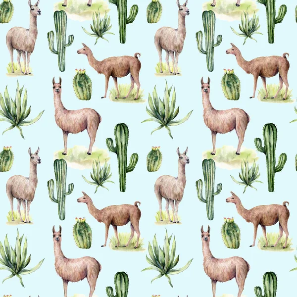 Patrón sin costura de acuarela con cactus del desierto y llama. Ilustración botánica pintada a mano con animal y floral sobre fondo azul pastel. Para diseño, impresión, tela o fondo . — Foto de Stock