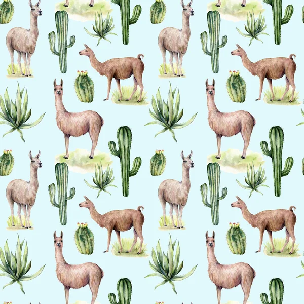 Watercolor seamless pattern with desert cacti and llama. Hand painted botanical illustration with animal and floral on pastel blue background. For design, print, fabric or background.