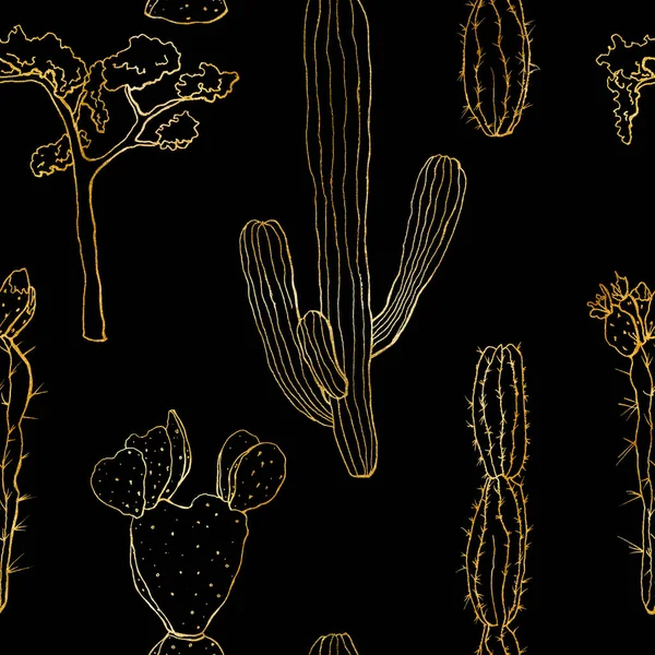 Croquis doré motif sans couture avec des cactus et des arbres du désert. Cactus et feuilles floraux mexicains peints à la main. Illustration à paillettes botaniques isolée sur fond noir pour la conception, l'impression ou le fond . — Photo