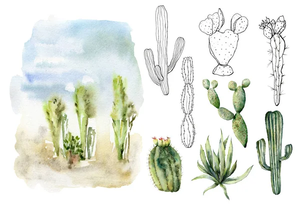 Watercolor and sketch desert landscapes set. Hand painted constructor with mexican cactus, agava, sky and clouds. Botanical illustration isolated on white background for design, print, fabric. — Stok fotoğraf