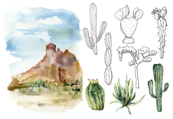 Watercolor and sketch mexican landscapes set. Hand painted constructor with desert cacti, agava, sky and mountain. Botanical illustration isolated on white background for design, print, fabric. — Stok fotoğraf