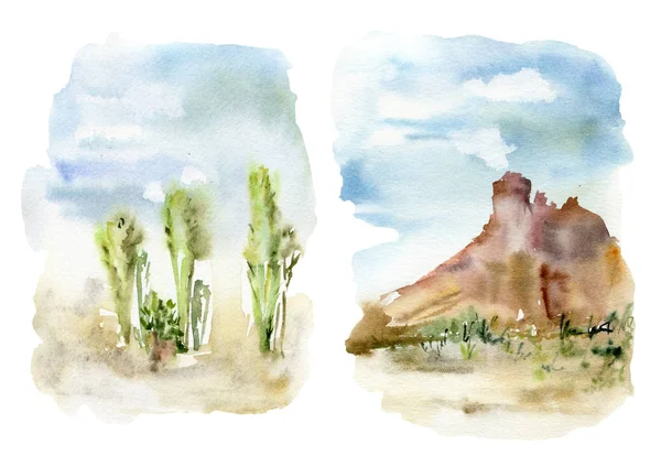 Aquarelle paysages mexicains ensemble. Carte peinte à la main avec cactus désert, ciel, nuages et montagne. Illustration botanique isolée sur fond blanc pour la conception, l'impression, le tissu ou le fond . — Photo