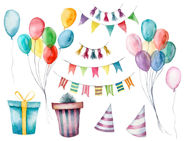 Watercolor set with gift boxes, garland and air balloon. Hand painted box with bow isolated on white background. Greeting ornament for design or background. Party print. Birthday background.