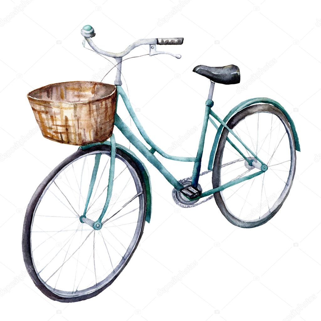 Watercolor card with blue bicycle with basket. Hand painted summer illustration isolated on white background. For design, prints or background.