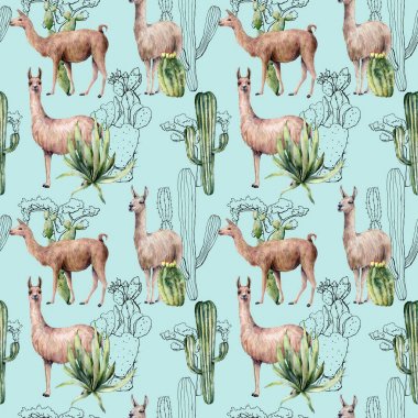 Watercolor and sketch seamless pattern with desert cacti and llama. Hand painted botanical illustration with animal and floral on blue background. For design, print, fabric or background.
