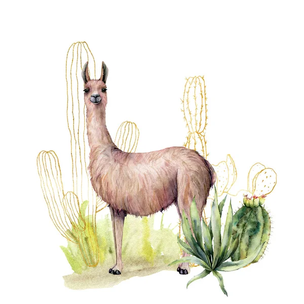 Aquarellkarte mit Kakteen und Lamas. handgemalte florale Illustration mit Wüstenkakteen, Lama, agava und Gras isoliert auf weißem Hintergrund. für Design, Druck, Stoff oder Hintergrund. — Stockfoto