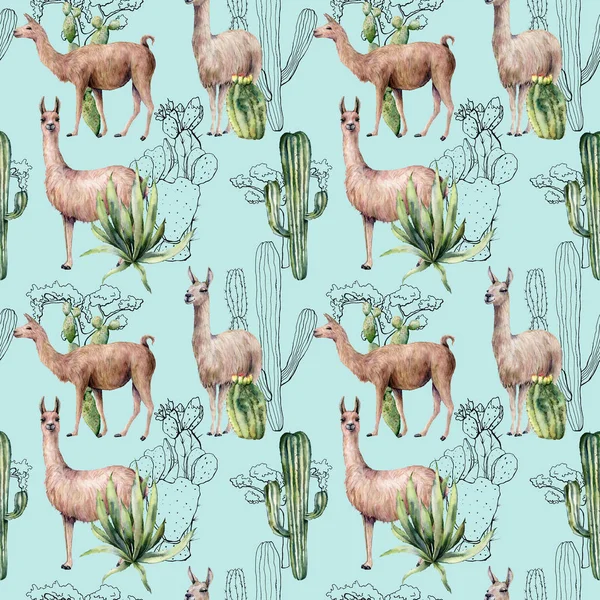 Aquarelle et croquis motif sans couture avec cactus et lama désert. Illustration botanique peinte à la main avec animal et floral sur fond bleu. Pour la conception, l'impression, le tissu ou le fond . — Photo