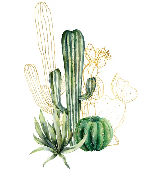 Akvarel, karta s uměleckým uměním. Ručně malované květinové sbírky s pouštními kaktusy, Agava. Botanická ilustrace izolovaná na bílém pozadí pro návrh, tisk, tkaniny nebo pozadí. — Stock fotografie