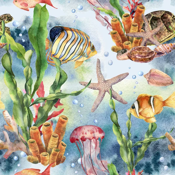 Акварель бесшовный рисунок с ламинария ветви, коралловый риф и морских животных. Медузы ручной работы, морские звезды, тропические рыбы, воздух и раковина. Морская иллюстрация для дизайна, печати или фона . — стоковое фото