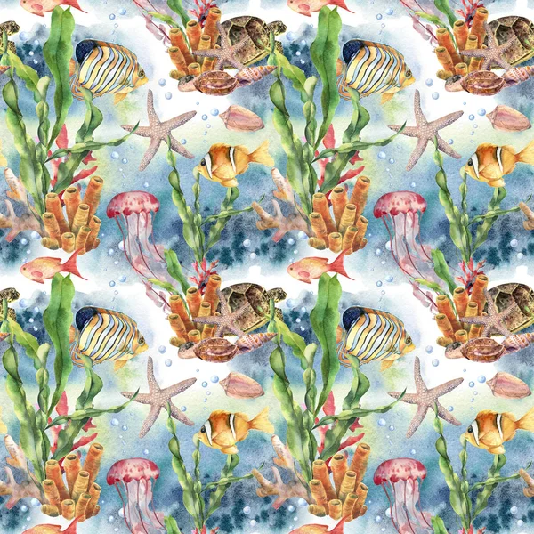 Watercolor seamless pattern with coral reef - laminaria branch and sea animals. Hand painted jellyfish, starfish, tropical fish, air and shell. Nautical illustration for design, print or background. — Stock Photo, Image