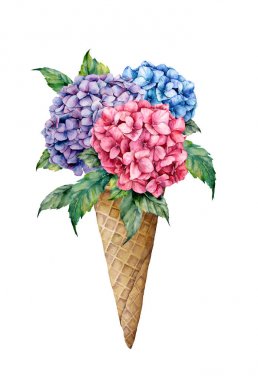 Çiçek buketi ile suluboya dondurma. Beyaz arka plan üzerinde izole waffle konisi ve ortanca ile el boyalı illüstrasyon. Tasarım, baskı, kumaş, arka plan için gıda illüstrasyon.
