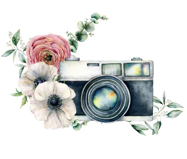 Akvarell kártya összetétele kamerával és Anemone, a Ranunculus csokor. Kézzel festett fotós logó virág illusztráció elszigetelt fehér háttér. Designra, nyomtatásra vagy háttérre. — Stock Fotó