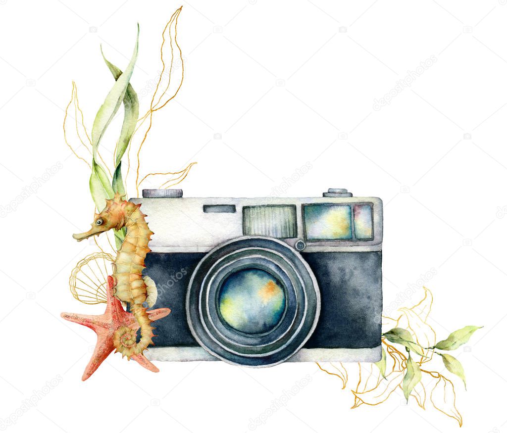 Watercolor card with camera and underwater print. Hand painted photographer logo with seahorse, starfish and algae illustration isolated on white background. For design, prints or background