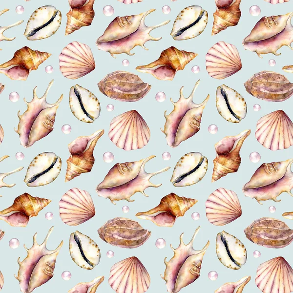 Watercolor shells with pearls seamless pattern. Hand painted underwater illustration isolated on pastel blue background. Aquatic illustration for design, print or background. — Stock Photo, Image