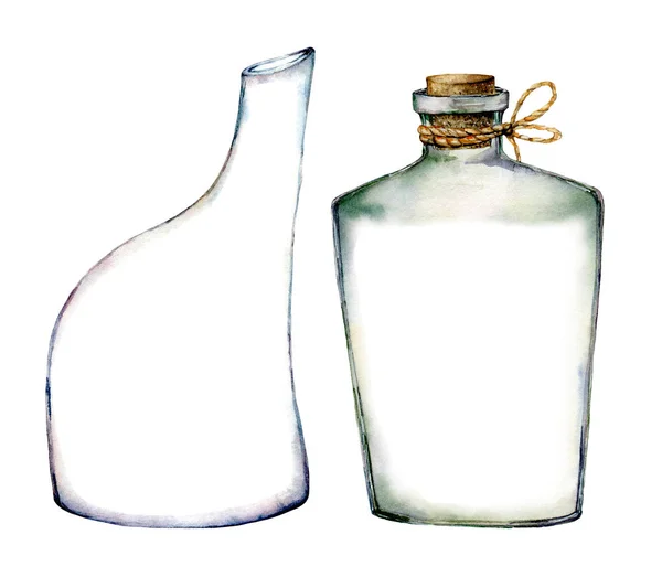 Watercolor bottles set. Hand painted illustration with glass bottles isolated on white background. For design, prints or background. — Stock Photo, Image