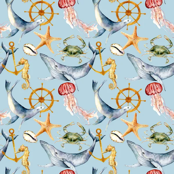 Akwarela bezszwowe wzór ze zwierzętami oceanu. Ręcznie malowane wieloryb, Jellyfish, rozgwiazdy, Krab i ilustracja steru na niebieskim tle. Ilustracja dla projektowania, druku lub tła. — Zdjęcie stockowe