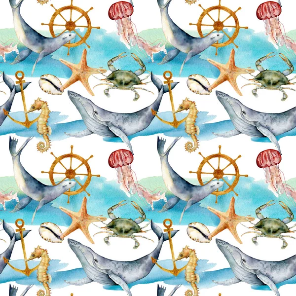 Patrón sin costura de acuarela con animales marinos. Ballena pintada a mano, medusas, estrellas de mar, cangrejo e ilustración del timón aislados sobre fondo blanco. Ilustración náutica para diseño, impresión o fondo . —  Fotos de Stock