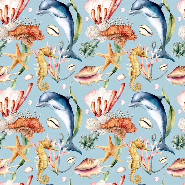 Watercolor seamless pattern with coral reef animals. Hand painted dolphin, lionfish, seahorse and anchor illustration isolated on blue background. Nautical illustration for design, print, background. — Stock Photo, Image