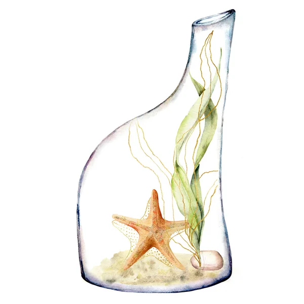 WaterColor akvarium i en flaska. Handmålade undervattens sjöstjärna, alger och sten på sanden isolerade på vit bakgrund. Illustration för design, utskrift eller bakgrund. — Stockfoto