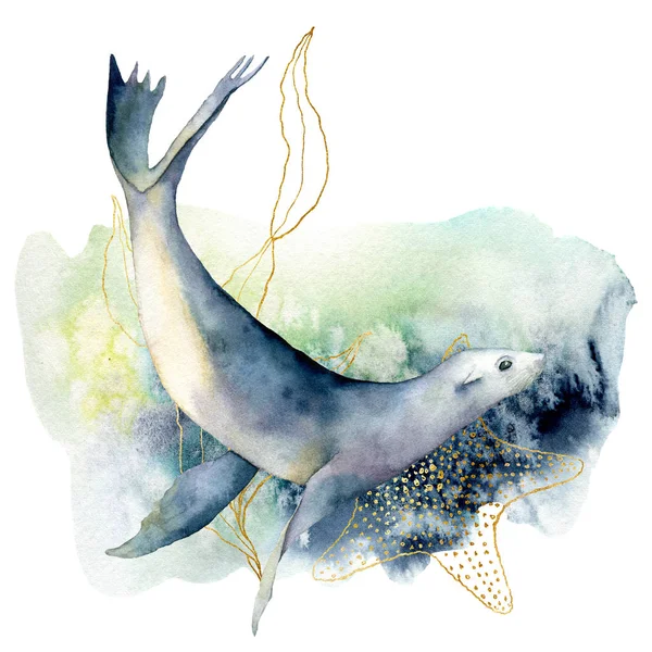 Watercolor sea lion and seaweed composition. Hand painted underwater illustration isolated on white background. Aquatic golden line art illustration for design, print or background. — Stock Photo, Image