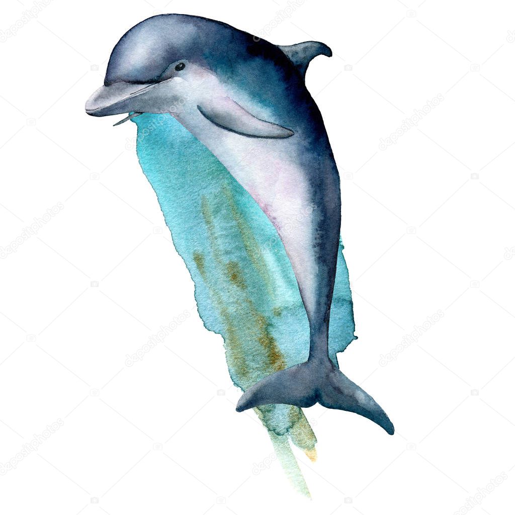 Watercolor dolphin and blue water composition. Hand painted underwater illustration isolated on white background. Aquatic illustration for design, print or background.