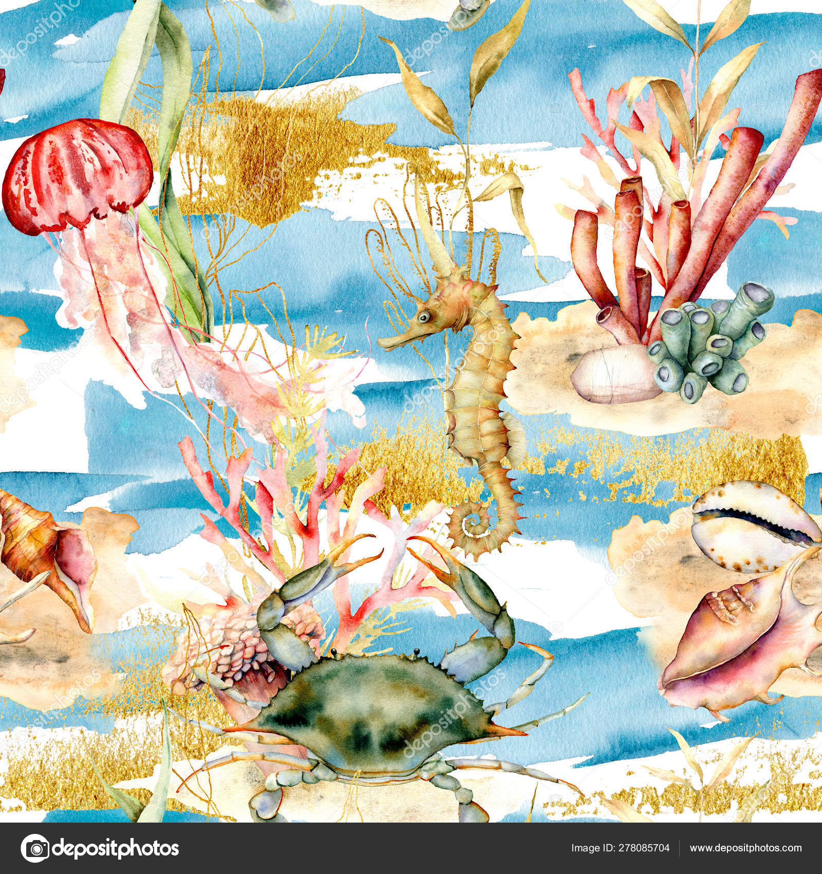 Watercolor seamless pattern with underwater animals and plants. Hand  painted corals, jellyfish, seahorse, shell, crab isolated on blue  background. Nautical illustration for design, print, background. Stock  Photo by ©Derbisheva 278085704