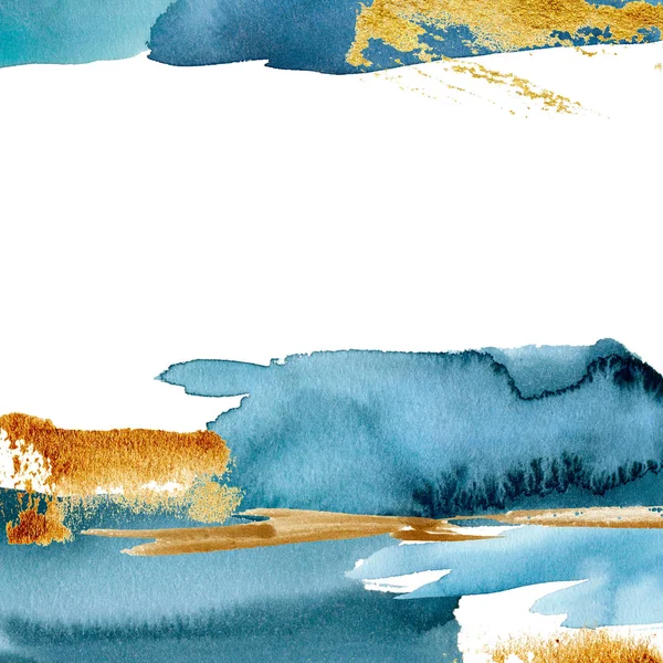 Tarjeta abstracta azul acuarela en estilo minimalista. Hermoso borde dorado pintado a mano. Ilustración marina para diseño, impresión, tela o fondo . — Foto de Stock