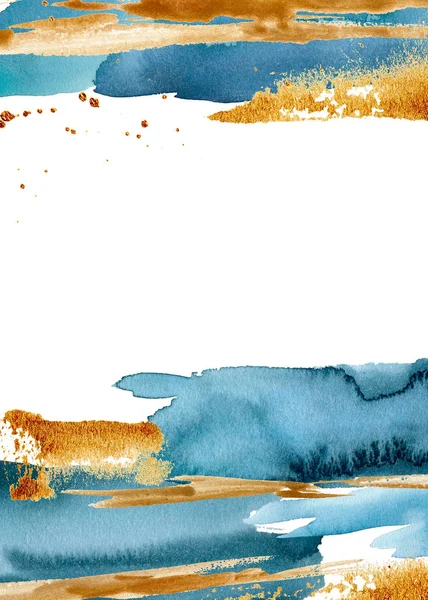 Aquarel blauwe verticale kaart in minimalisme stijl. Handgeschilderde mooie gouden abstracte rand. Mariene illustratie voorontwerp, afdrukken, stof of achtergrond. — Stockfoto