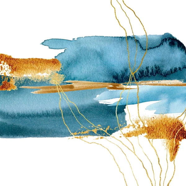 Tarjeta abstracta azul acuarela con planta subacuática. Rama de laminaria dorada pintada a mano con hojas, lavados de acuarela azul y dorada. Ilustración marina para diseño, impresión, tela o fondo . —  Fotos de Stock