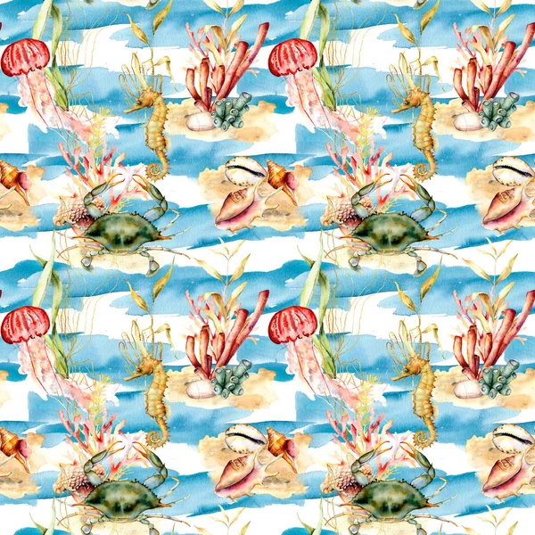 Watercolor underwater seamless pattern. Hand painted crab, jellyfish, seahorse and shell illustration isolated on blue background with stripes. Nautical illustration for design, print, background.