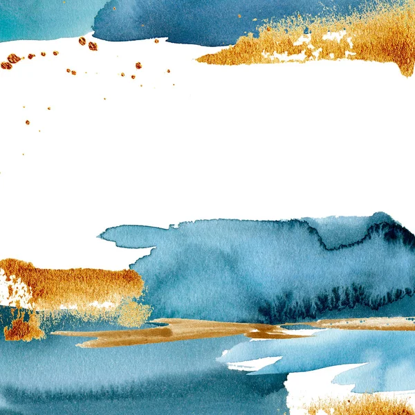 Aquarel blauw abstracte kaart met gouden textuur. Handgeschilderde mooie sjabloon rand. Mariene illustratie voorontwerp, afdrukken, stof of achtergrond. — Stockfoto