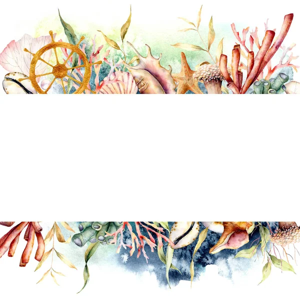 Akvarel s loděmi a rostlinami korálových útesů. Ručně malované mořské řasy, mušle a Hvězdnice izolované na bílém pozadí. Námořní šablona. Obrázek pro návrh, tisk nebo pozadí. — Stock fotografie