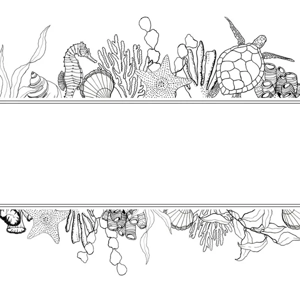 Linje konst gränsen med korallrev djur. Handmålade sjögräs, snäckor, sjöhäst, sköldpadda och sjöstjärna isolerade på vit botten. Nautisk mall. Illustration för design, utskrift eller bakgrund. — Stockfoto