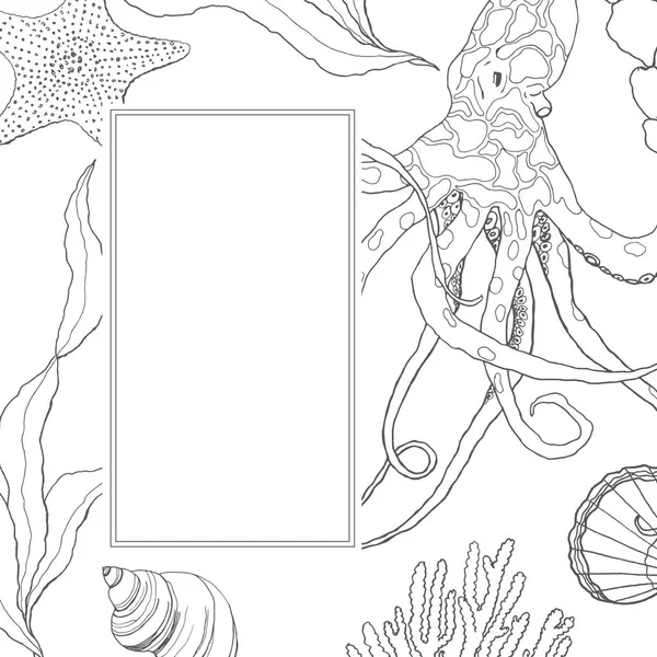 Linje konst gränsen med korallrev växt och bläckfisk. Handmålade sjögräs, snäckor och sjöstjärnor isolerade på vit botten. Nautisk mall. Illustration för design, utskrift eller bakgrund. — Stockfoto