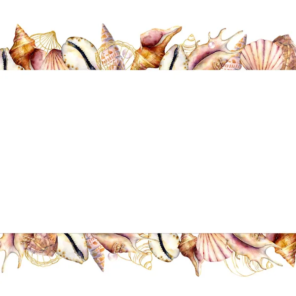 Akvarell banner héjak. Kézzel festett arany tengeri kagyló határ elszigetelt fehér háttér. Hajózási sablon. Illusztráció tervezés, nyomtatás vagy háttér. — Stock Fotó