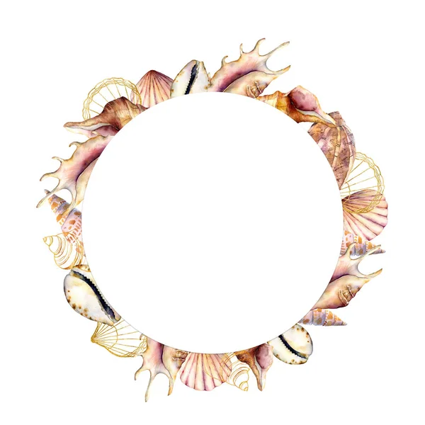Watercolor circle frame with golden shells. Hand painted sea shells card isolated on white background. Line art nautical template. Illustration for design, print or background. — Stock Photo, Image