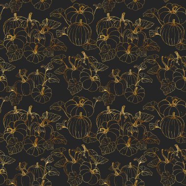 Geleneksel hasat festivali için çizgi sanatı altın dikişsiz desen. Dalları ile el boyalı kabaklar ve siyah arka plan üzerinde izole yaprakları. Tasarım, baskı veya arka plan için botanik illüstrasyon.