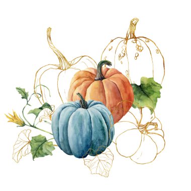 Suluboya altın kabak kompozisyon. El beyaz arka plan üzerinde izole yaprakları ile mavi ve turuncu kabak boyalı. Sonbahar festivali. Tasarım, baskı veya arka plan için botanik illüstrasyon.